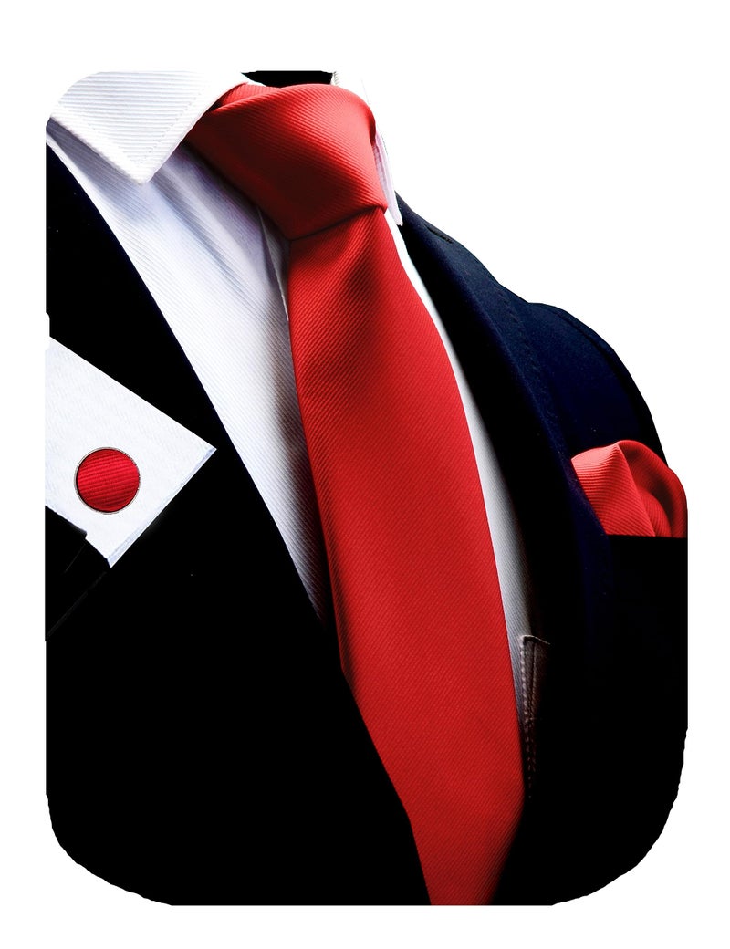 GUSLESON Brand Mens Classic Silk Solid Red Wedding Tie Necktie and Pocket Square Cufflinks Sets (0789-01) - Image 1